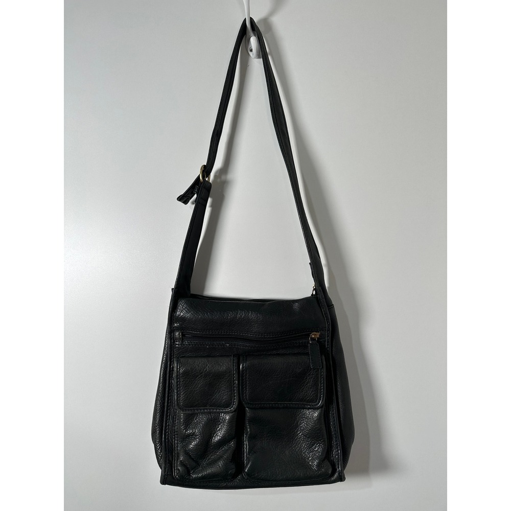Vintage Fossil Black Pebbled Leather Crossbody Bag Organizer Utility Purse